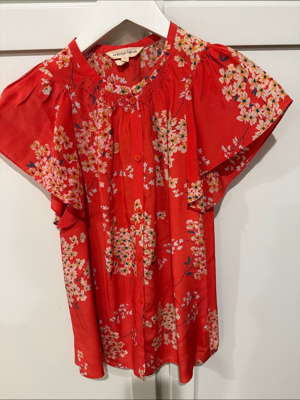 Rebecca Taylor Coral-Red Floral Ruffle Sleeve Blouse